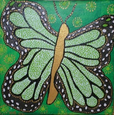 4-aboriginalmalerie ”GREEN BUTTERFLY” Acryl på lærred 20X20cm, Artist winnie maj nydahl paintings for sale in Gallery Art Danish